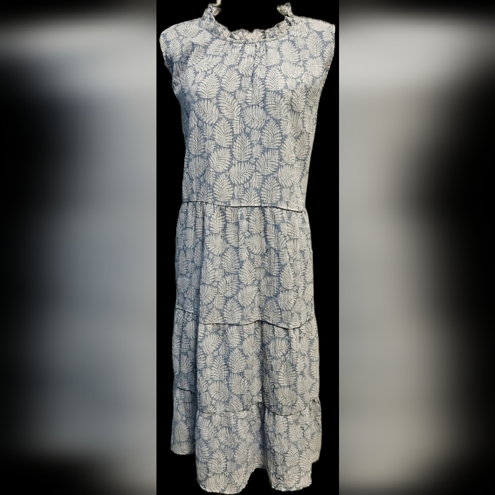 LOFT Petites Light Blue and White Crepe Like Fabric Patterned DRESS XSP